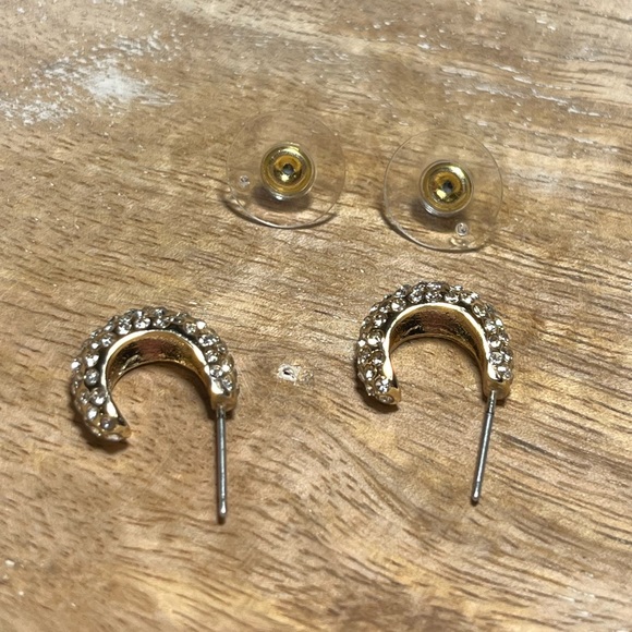 Rhinestone Half Hoop Gold Tone Earrings - Picture 8 of 8